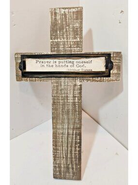 Vtg Kirklands Distressed Wooden Cross with Mother Teresa Quote 15" by 9"
